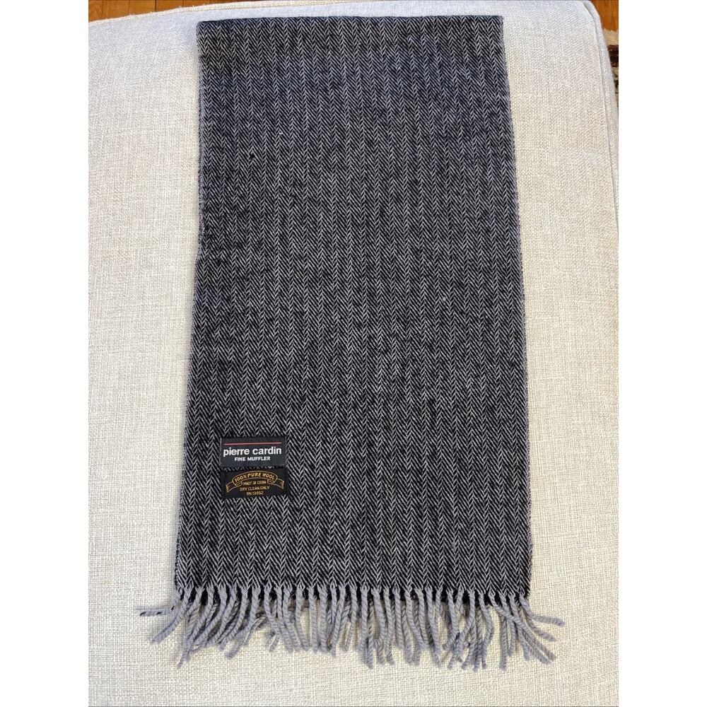 Vintage PIERRE CARDIN Fine Muffler Herringbone 100% Pure Wool Scarf Gray Classic